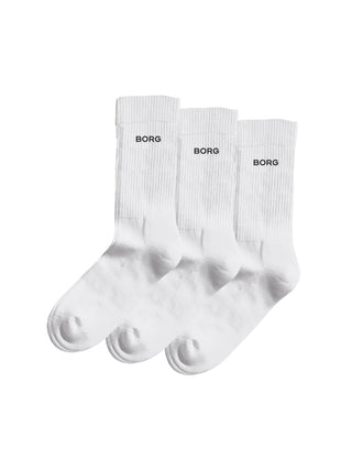 Visar 3-pack strumpor i vit färg mot en vit bakgrund. 