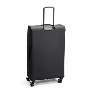 Svart kabinväska 78 cm med teleskophandtag, fyra dubbelhjul och praktisk framficka – perfekt för handbagage.
