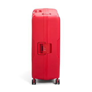 North Pioneer MUC Stor Resväska 77 cm - Röd hårdskal med vågmönster – teleskophandtag i kopparfärg och 360° hjul för smidig manövrering och stilren design fotad mot en vit bakgrund 
