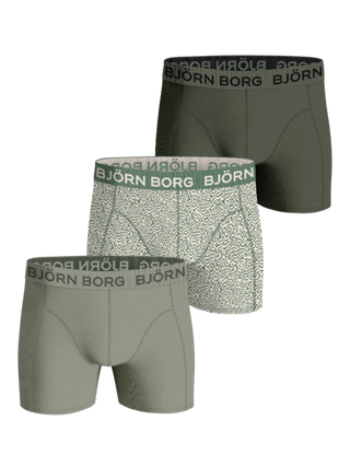 3-pack björn borg kalsonger I olika nyanser av grön mot en transparent bakgrund. 
