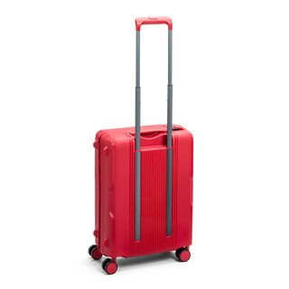 North Pioneer MUC Kabinväska 55 cm - Röd hårdskal med vågmönster – teleskophandtag i kopparfärg och 360° hjul för smidig manövrering och stilren design fotad mot en vit bakgrund 