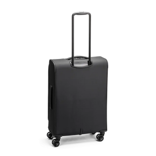 Svart kabinväska 65cm med teleskophandtag, fyra dubbelhjul och praktisk framficka – perfekt för handbagage.