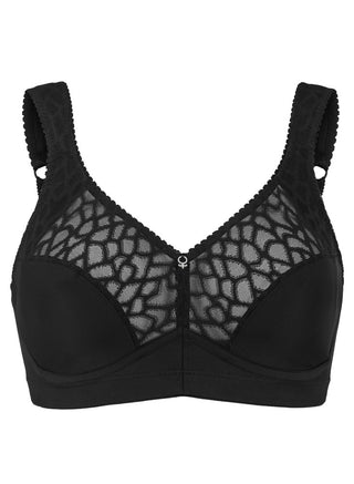 Frilagd bild av Swegmark Lovely Lilly BH utan bygel i svart – mjuk bh i ekologisk bomull med bred resår och diskreta spetsdetaljer.