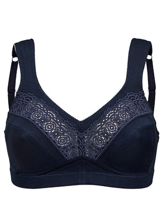 Frilagd bild av Swegmark Cotton Star bh utan bygel i navy – mjuk bomulls-bh med breda axelband och formsydda kupor.