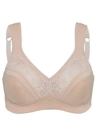 Frilagd bild av beige Swegmark Cotton Star bh utan bygel – mjuk bomulls-bh med breda axelband och formsydda kupor.