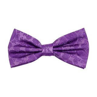 Färdigknuten fluga i siden med ton-i-ton paisleymönster i färgen lila, 6 cm bred – elegant accessoar från AC mot vit bakgrund, med justerbart resårband.