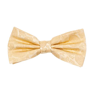 Färdigknuten fluga i siden med ton-i-ton paisleymönster i färgen guld, 6 cm bred – elegant accessoar från AC mot vit bakgrund, med justerbart resårband.