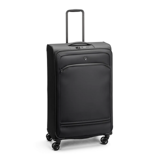 Svart kabinväska 78 cm med teleskophandtag, fyra dubbelhjul och praktisk framficka – perfekt för handbagage.