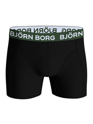 Visar svart björn borg kalsong framifrån med grön resår och loga. 