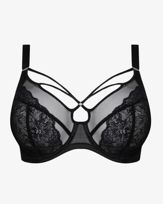 Elomi Brianna Underwire Plunge BH i svart spets med blommigt mönster och dekorativa metalldetaljer.