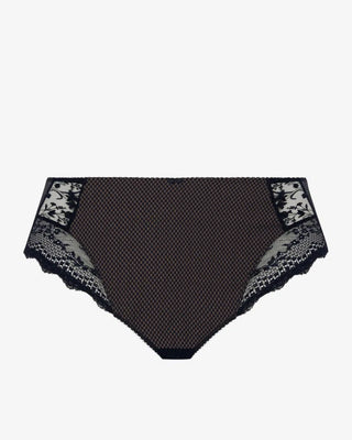 Detaljbild på Elomi Charley Full Brief Trosa i svart, som visar diamantmönstrad mesh och broderade sidopaneler för en smickrande och bekväm passform.