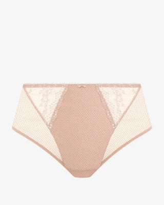 Detaljbild på Elomi Charley High Leg Brief i beige, som visar diamantmönstrad mesh och broderade sidopaneler för en smickrande och bekväm passform.