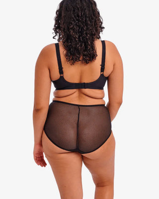Elomi Charley UW Plunge BH i svart, med låg mitt och tre-sektionskopp för lyft och stöd. Dekorerad med blommigt broderi och flexibel ryggdesign med J-krok. Bilden är bakifrån för att visa hur BH banden sitter i ryggen. 