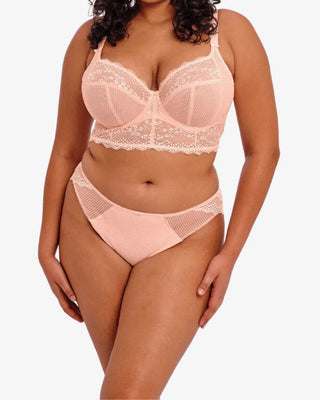 Närbild av Elomi Charley UW Bralette BH i rosa, som visar spetsdetaljer och broderat blommönster.