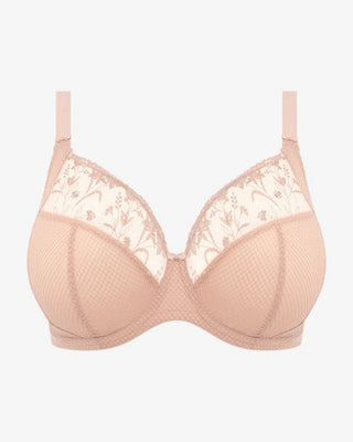 Elomi Charley UW Plunge BH i ljusrosa, med låg mitt och tre-sektionskopp för lyft och stöd. Dekorerad med blommigt broderi och flexibel ryggdesign med J-krok.