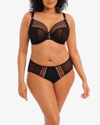 Frontal vy av Elomi Matilda Trosa Brief i svart som visar den detaljerade pärlbroderade framsidan och den genomskinliga bakdelen som ger en slät och elegant finish.
