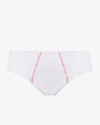 Närbild på Elomi Matilda Trosa Brief i vitt, som framhäver den eleganta pärlbroderade designen på framsidan och den genomskinliga, stilrena baksidan.