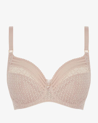 Natural Beige Freya Viva Side Support BH med spetsdetaljer och fyrdelade kupor, visad frilagd mot vit bakgrund
