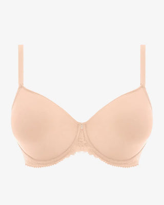 Beige t-shirt-BH med släta kupor och diskret spetsdetalj längs underkanten.