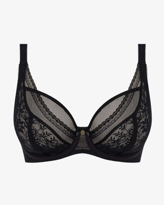  Svart spets-bh med transparent mesh och broderade detaljer, framifrån.