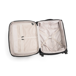 Svart kabinväska 2 hjul 55cm med teleskophandtag, fyra dubbelhjul och praktisk framficka – perfekt för handbagage.