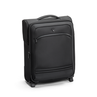 Svart kabinväska 2 hjul 55cm med teleskophandtag, fyra dubbelhjul och praktisk framficka – perfekt för handbagage.