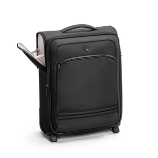 Svart kabinväska 2 hjul 55cm med teleskophandtag, fyra dubbelhjul och praktisk framficka – perfekt för handbagage.