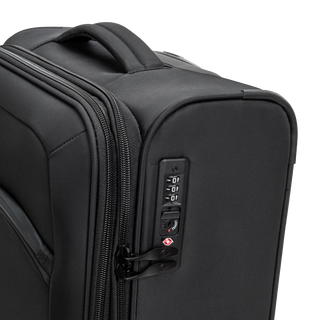 Svart kabinväska 2 hjul 55cm med teleskophandtag, fyra dubbelhjul och praktisk framficka – perfekt för handbagage.