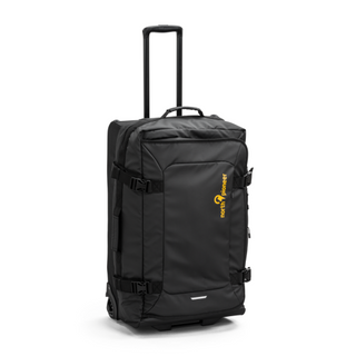 North Pioneer duffel trolley 60cm i svart med teleskophandtag, hjul och kompressionsremmar – slitstark mjuk resväska med logotyp i gult
