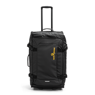 North Pioneer duffel trolley 60cm i svart med teleskophandtag, hjul och kompressionsremmar – slitstark mjuk resväska med logotyp i gult