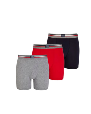 Bilden visarJockey Boxer Briefs Herrkalsonger med Längre Ben 3-pack i Bomull - Grå/Röd/Svart  fotad mot en vit bakgrund 