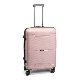 North Pioneer BGO Mellanstor Resväska 67 cm - Rosa hårdskal med vågmönster – teleskophandtag i kopparfärg och 360° hjul för smidig manövrering och stilren design fotad mot en vit bakgrund 