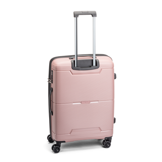North Pioneer BGO Mellanstor Resväska 67 cm - Rosa hårdskal med vågmönster – teleskophandtag i kopparfärg och 360° hjul för smidig manövrering och stilren design fotad mot en vit bakgrund 