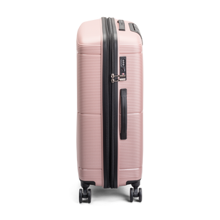 North Pioneer BGO Mellanstor Resväska 67 cm - Rosa hårdskal med vågmönster – teleskophandtag i kopparfärg och 360° hjul för smidig manövrering och stilren design fotad mot en vit bakgrund 