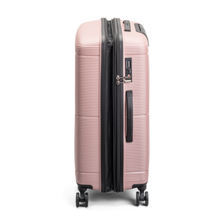 North Pioneer BGO Mellanstor Resväska 67 cm - Rosa hårdskal med vågmönster – teleskophandtag i kopparfärg och 360° hjul för smidig manövrering och stilren design fotad mot en vit bakgrund 