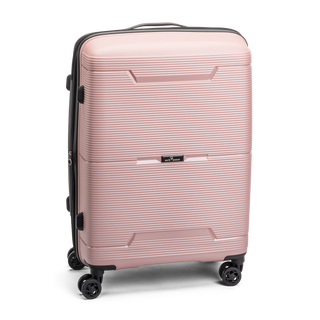 North Pioneer BGO Mellanstor Resväska 67 cm - Rosa hårdskal med vågmönster – teleskophandtag i kopparfärg och 360° hjul för smidig manövrering och stilren design fotad mot en vit bakgrund 