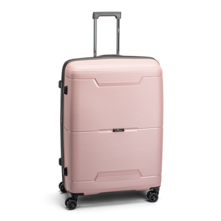 North Pioneer BGO Stor Resväska 77 cm - Rosa hårdskal med vågmönster – teleskophandtag i kopparfärg och 360° hjul för smidig manövrering och stilren design fotad mot en vit bakgrund 