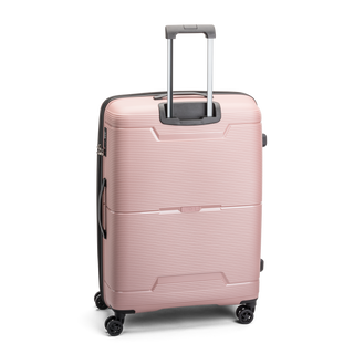 North Pioneer BGO Stor Resväska 77 cm - Rosa hårdskal med vågmönster – teleskophandtag i kopparfärg och 360° hjul för smidig manövrering och stilren design fotad mot en vit bakgrund 