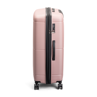 North Pioneer BGO Stor Resväska 77 cm - Rosa hårdskal med vågmönster – teleskophandtag i kopparfärg och 360° hjul för smidig manövrering och stilren design fotad mot en vit bakgrund 