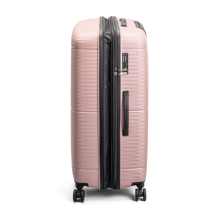 North Pioneer BGO Stor Resväska 77 cm - Rosa hårdskal med vågmönster – teleskophandtag i kopparfärg och 360° hjul för smidig manövrering och stilren design fotad mot en vit bakgrund 