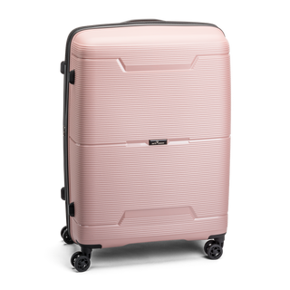 North Pioneer BGO Stor Resväska 77 cm - Rosa hårdskal med vågmönster – teleskophandtag i kopparfärg och 360° hjul för smidig manövrering och stilren design fotad mot en vit bakgrund 