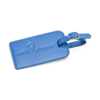 North Pioneer Bagagetagg Classic - Marinblå med Text    fotad mot en vit bakgrund 