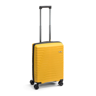 North Pioneer TOS Kabinväska 55 cm - Gul hårdskal med vågmönster – teleskophandtag i kopparfärg och 360° hjul för smidig manövrering och stilren design fotad mot en vit bakgrund 