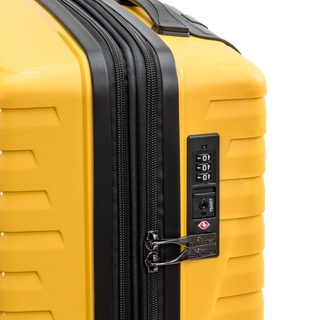 North Pioneer TOS Kabinväska 55 cm - Gul hårdskal med vågmönster – teleskophandtag i kopparfärg och 360° hjul för smidig manövrering och stilren design fotad mot en vit bakgrund 