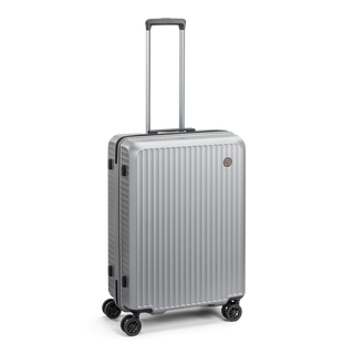 North Pioneer Superb Mellanstor Resväska 66 cm - Silver hårdskal med vågmönster – teleskophandtag i kopparfärg och 360° hjul för smidig manövrering och stilren design fotad mot en vit bakgrund 