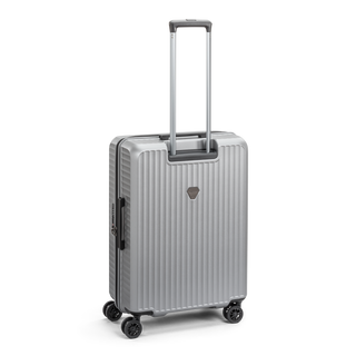 North Pioneer Superb Mellanstor Resväska 66 cm - Silver hårdskal med vågmönster – teleskophandtag i kopparfärg och 360° hjul för smidig manövrering och stilren design fotad mot en vit bakgrund 