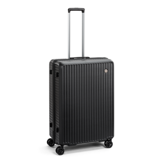 North Pioneer Superb Stor Resväska 77 cm - Svart hårdskal med vågmönster – teleskophandtag i kopparfärg och 360° hjul för smidig manövrering och stilren design fotad mot en vit bakgrund 