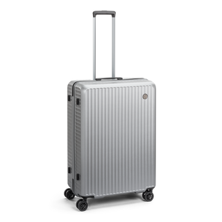 North Pioneer Superb Stor Resväska 77 cm - Silver hårdskal med vågmönster – teleskophandtag i kopparfärg och 360° hjul för smidig manövrering och stilren design fotad mot en vit bakgrund 