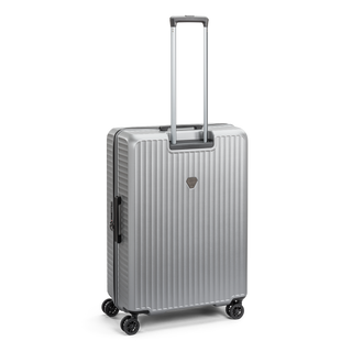 North Pioneer Superb Stor Resväska 77 cm - Silver hårdskal med vågmönster – teleskophandtag i kopparfärg och 360° hjul för smidig manövrering och stilren design fotad mot en vit bakgrund 