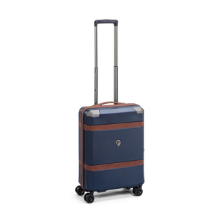 North Pioneer Vintage Pro Kabinväska 55 cm - Marinblå med brunt läderband  hårdskal med vågmönster – teleskophandtag i kopparfärg och 360° hjul för smidig manövrering och stilren design fotad mot en vit bakgrund 